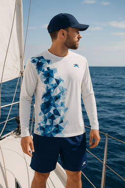 Hombre navegando con camiseta técnica SUTS de manga larga UPF+50 para prevención del cáncer de piel